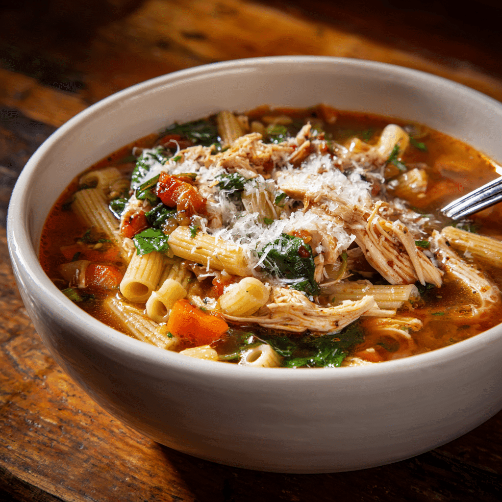 Italian Penicillin Soup with chicken, pasta, and vegetables in a bowl