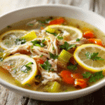 Mediterranean Lemon Chicken Soup in a white bowl with lemon slices, carrots, and parsley in a bright kitchen