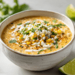 Mexican Street Corn Soup in a white bowl with cheese, cilantro, and lime garnish.