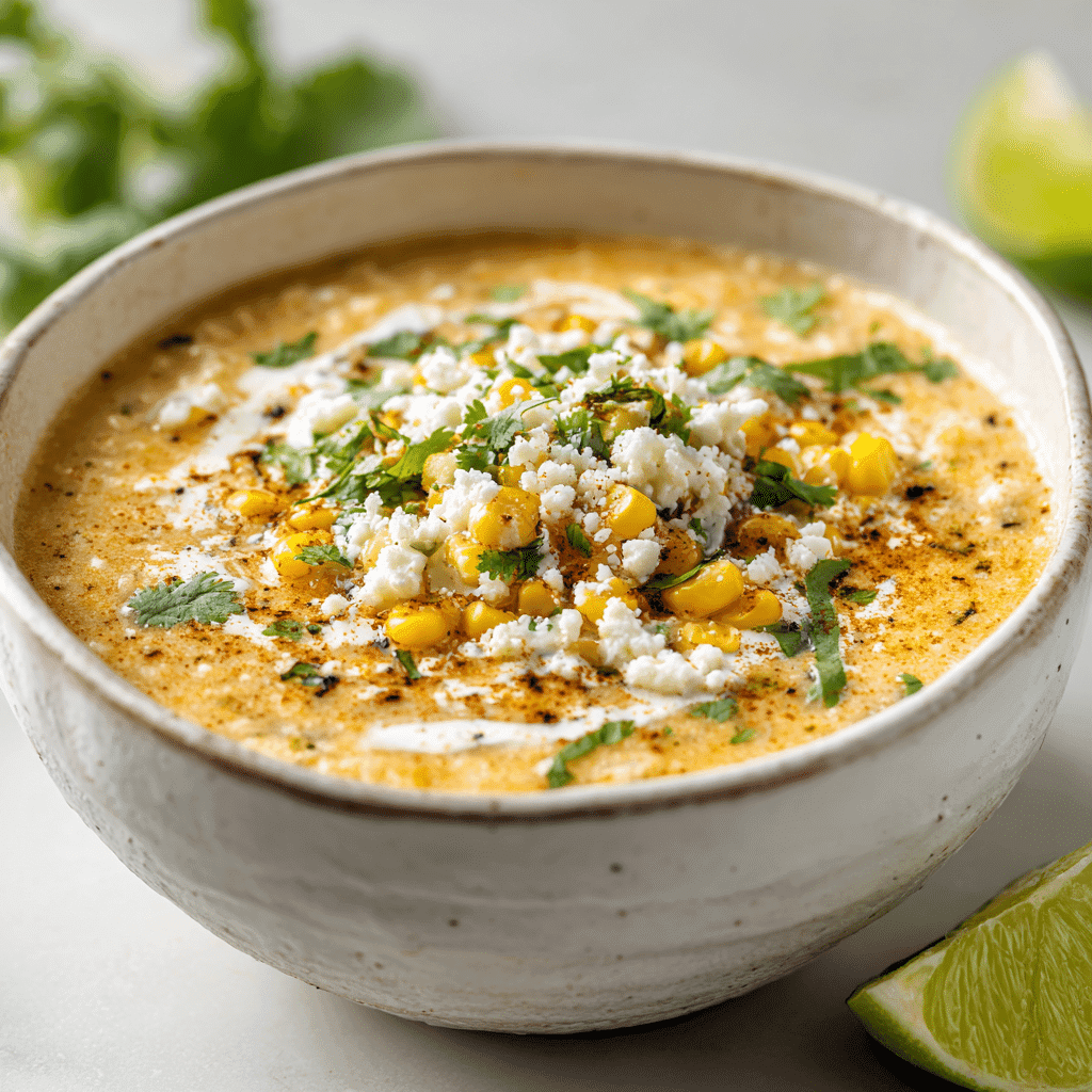 Mexican Street Corn Soup in a white bowl with cheese, cilantro, and lime garnish.