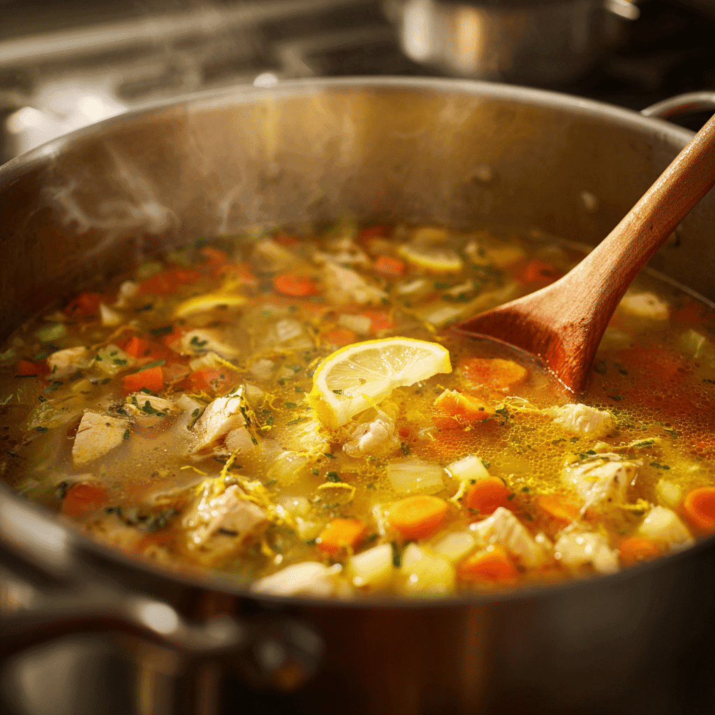 Vegetables and shredded chicken simmering in golden broth with lemon zest for Mediterranean Lemon Chicken Soup