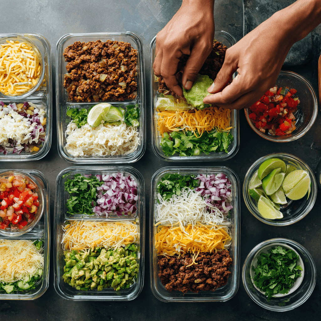 Assembling taco lunch meal prep bowls