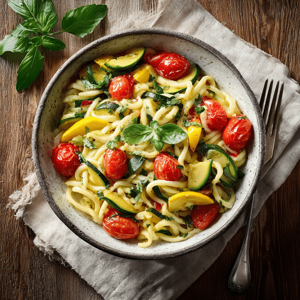 Served zucchini with pasta and tomatoes