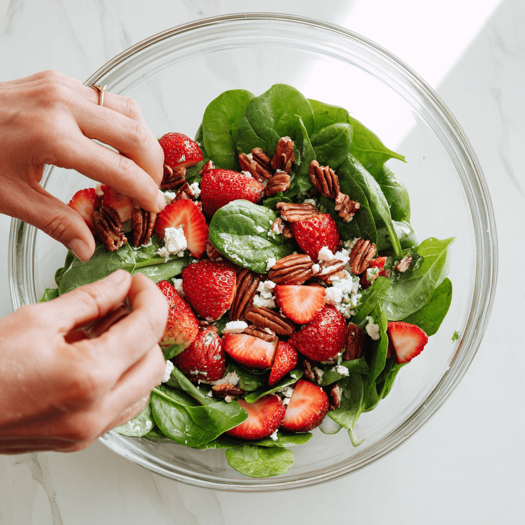 Preparing strawberry spinach salad in glass bowl