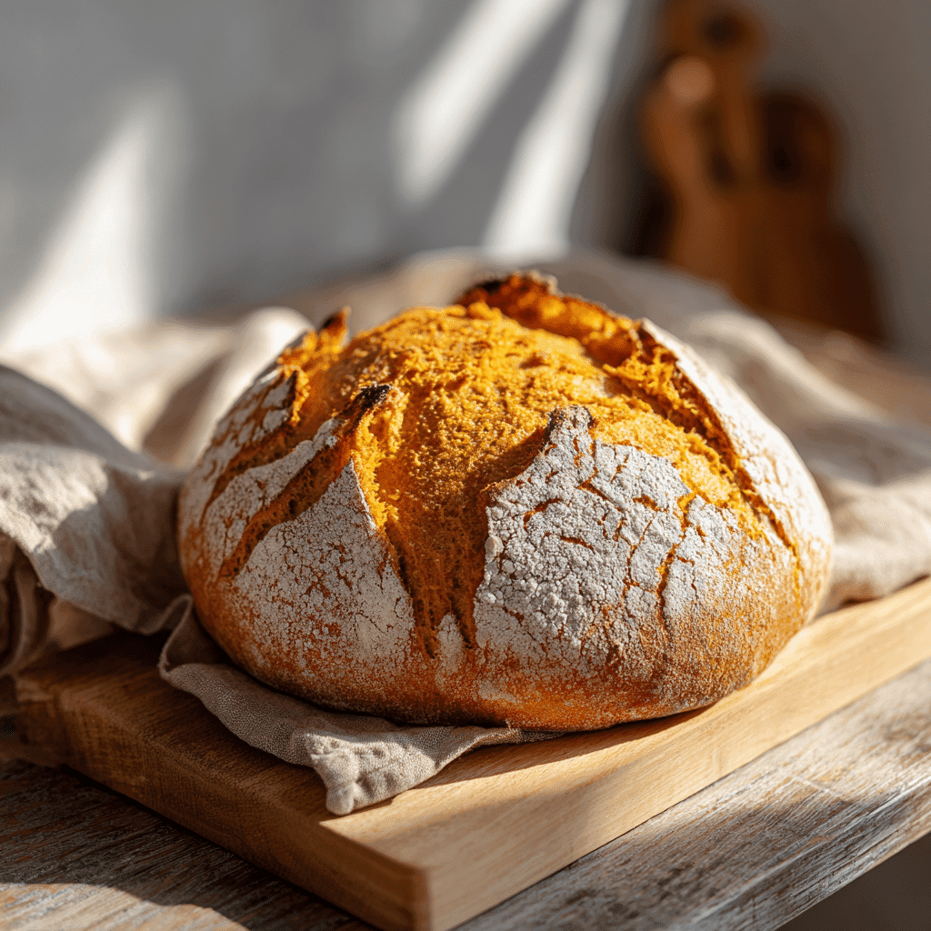 bright pumpkin sourdough bread in sunny kitchen
