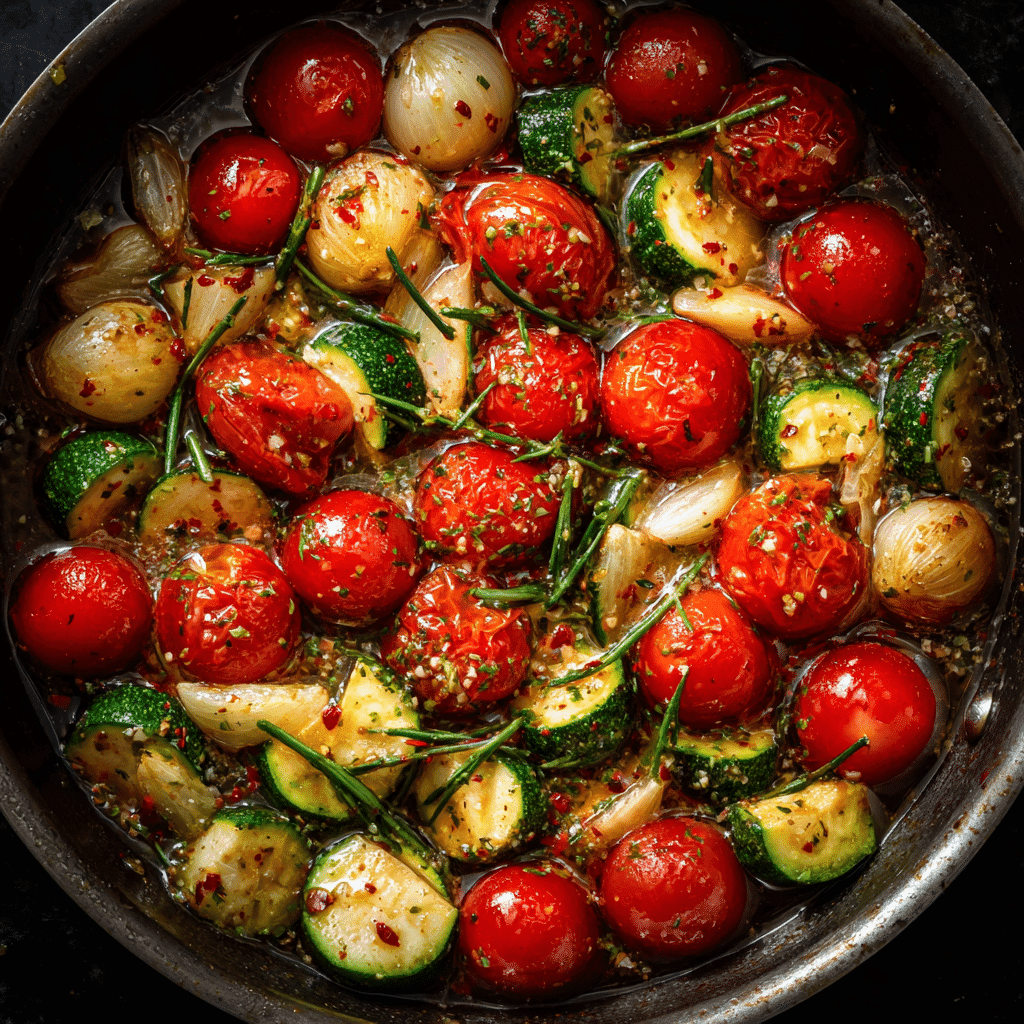 Tomatoes cooking with zucchini and garlic