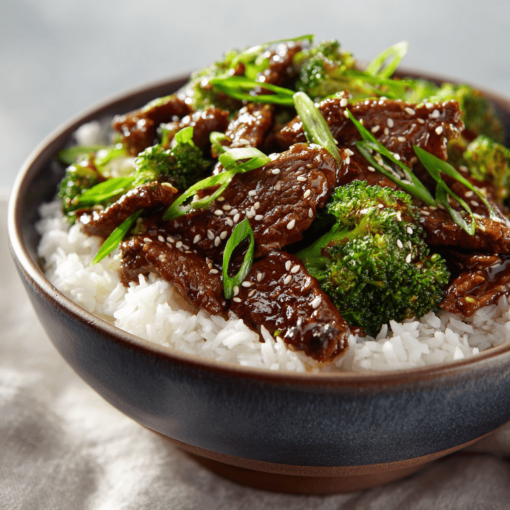Chinese Beef and Broccoli served over white rice in a ceramic bowl