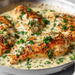 Creamy Garlic Chicken served in skillet with creamy garlic sauce and parsley