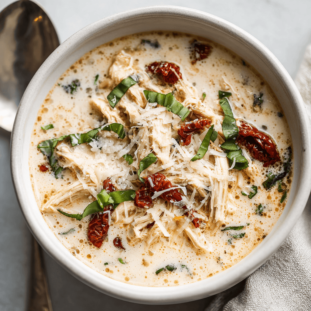 Close-up creamy chicken soup with shredded chicken, sun-dried tomatoes, basil, and Parmesan in a white bowl with a bright kitchen background.