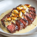 Bavette steak slices drizzled with roasted garlic pan sauce on a plate.