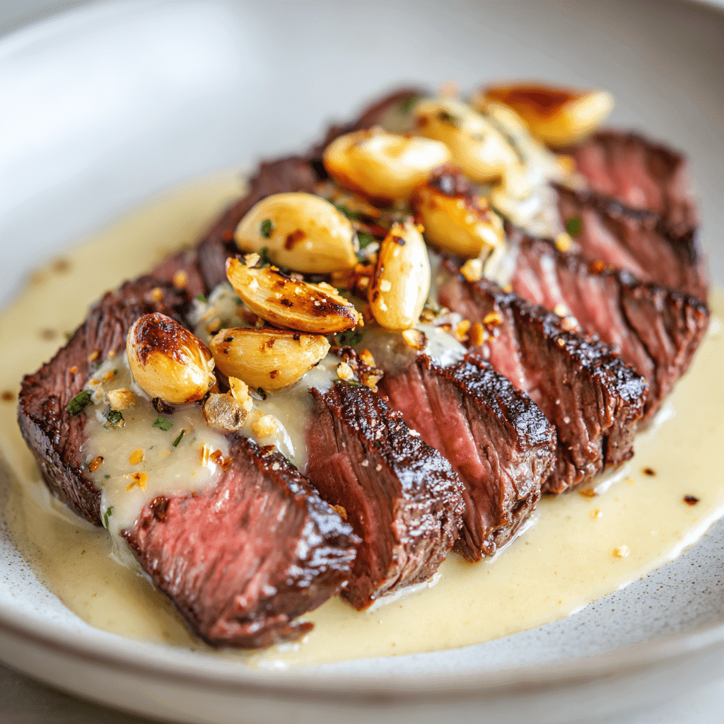 Bavette steak slices drizzled with roasted garlic pan sauce on a plate.
