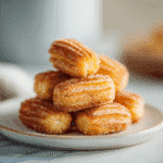 Crispy Air Fryer Churro Bites stacked on a plate, coated in cinnamon sugar.
