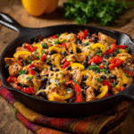 Close-up of Santa Fe Chicken with melted cheese and colorful vegetables in a cast iron skillet