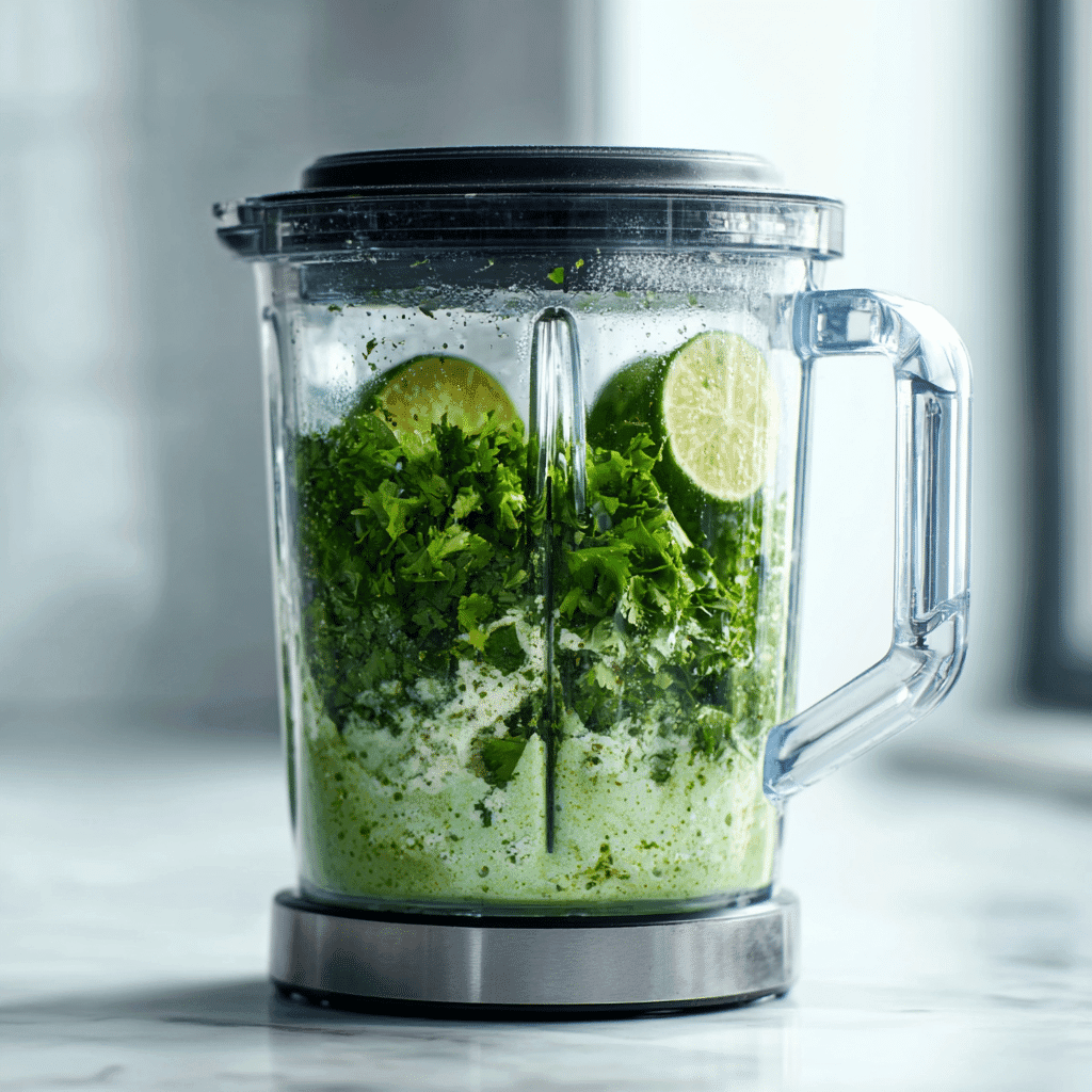 Making cilantro lime dressing for Mexican salad
