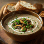 Creamy mushroom soup in a bowl with bread on the side.