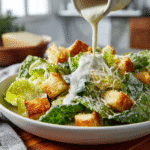 Homemade Caesar Salad Dressing poured over romaine lettuce with croutons