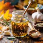 Glass jar of homemade Italian dressing with visible herbs and oil on a rustic table surrounded by autumn leaves.