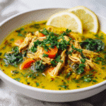 Close-up of Anti Inflammatory Turmeric Chicken Soup in a white bowl with carrots, spinach, shredded chicken, and lemon wedges.