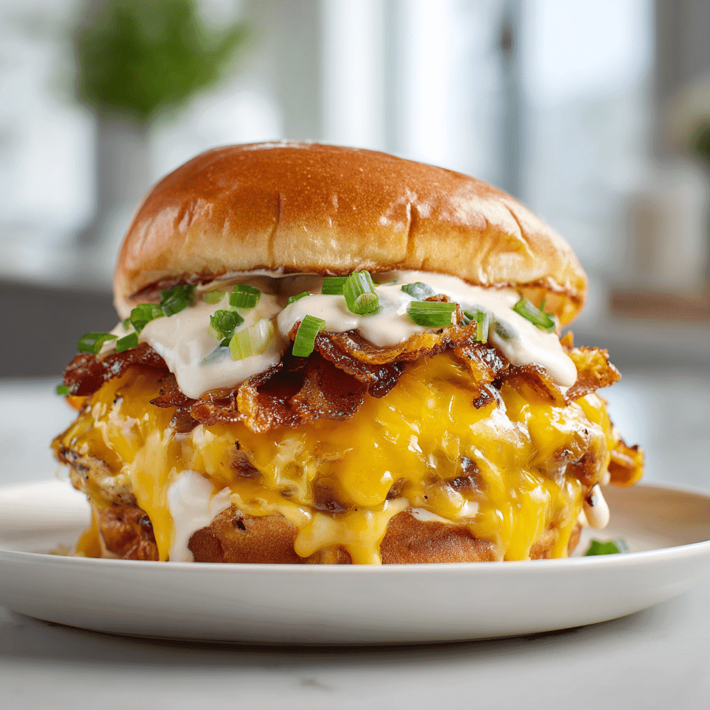 Crack Burger stacked with cheese, bacon, and sauce on a toasted bun.