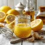 Jar of homemade lemon dressing on a wooden counter with fresh lemons and olive oil in a cozy kitchen setting
