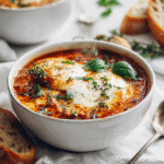 Close-up of high protein lasagna soup with melted mozzarella, Parmesan, and fresh basil garnish.