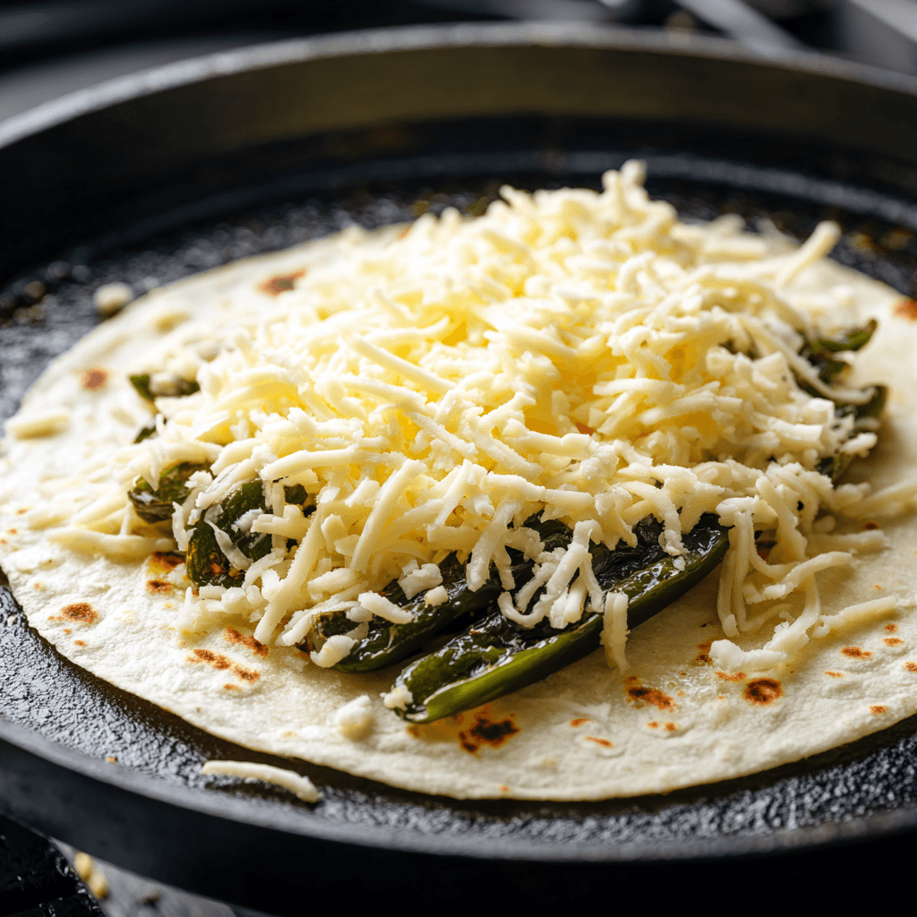 Assembling chile relleno quesadilla with cheese and poblano