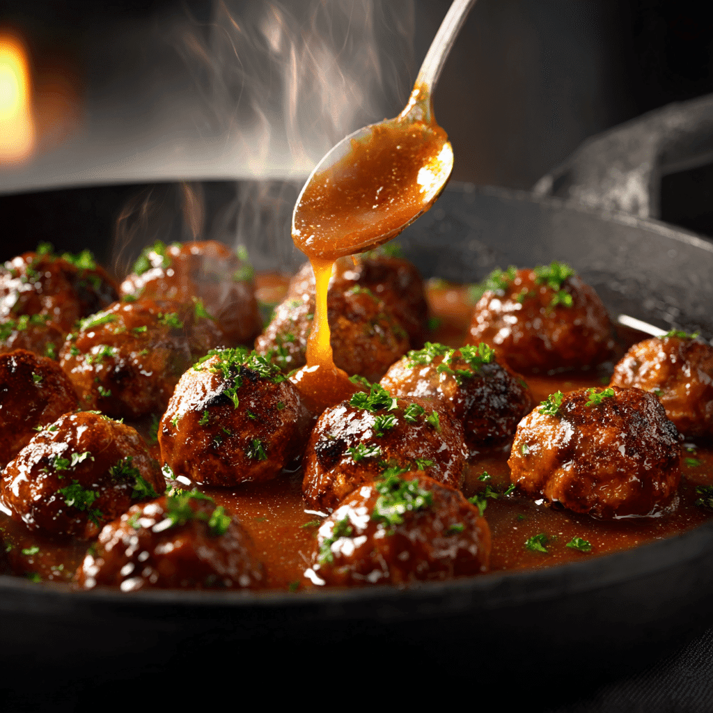 Meatballs simmering in rich brown gravy with a spoon drizzling sauce in a bright kitchen.