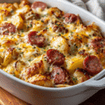 Close-up of baked cheesy ranch potatoes and smoked sausage in a white dish