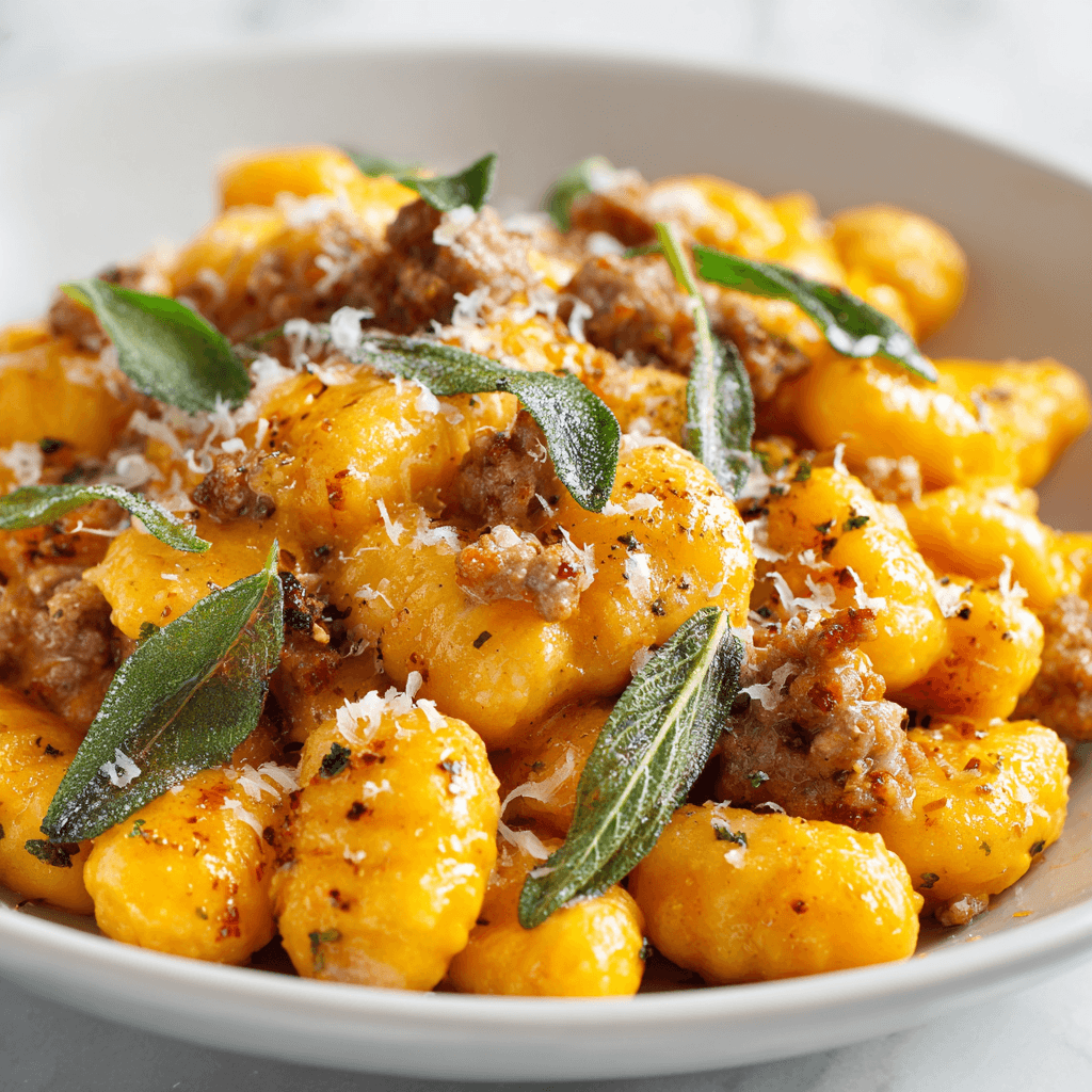 Creamy butternut squash gnocchi with sausage served in a white bowl with Parmesan and sage.