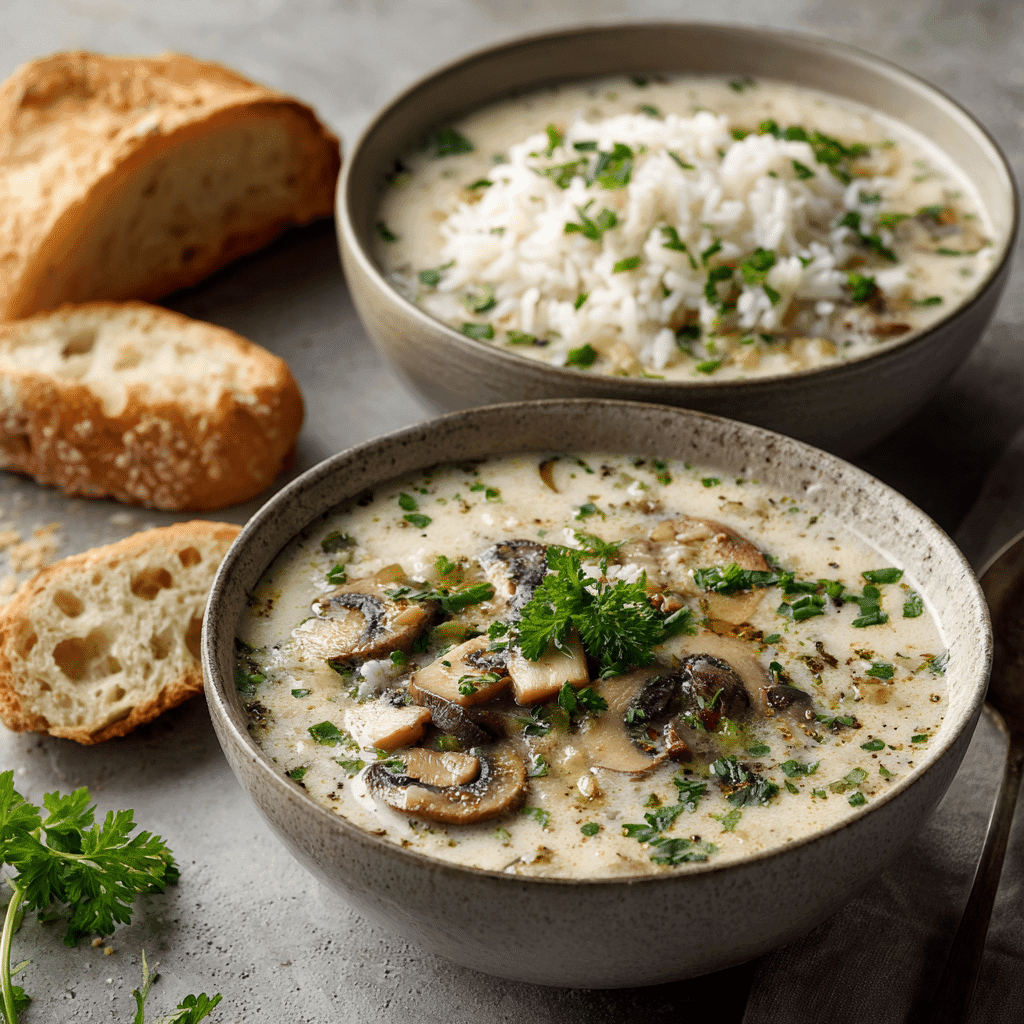 Creamy mushroom soup with rice and herbs as a variation.