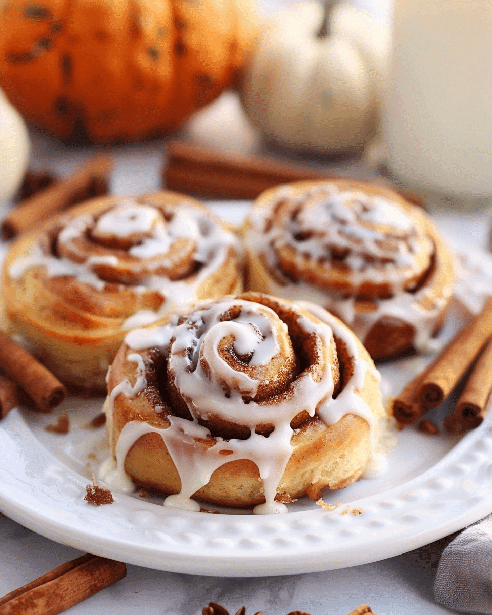 Pumpkin cinnamon rolls with cream cheese glaze in bright kitchen