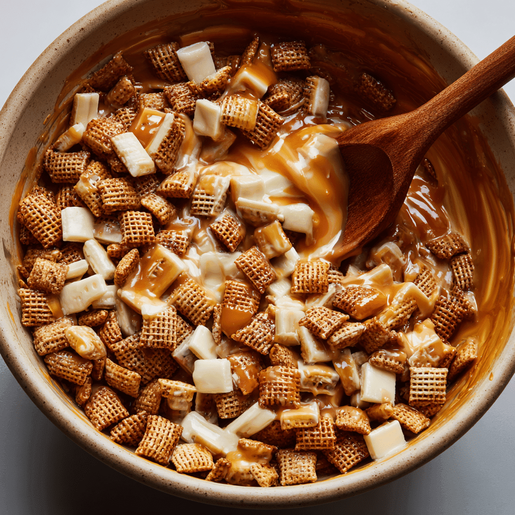 Mixing caramel apple puppy chow coating