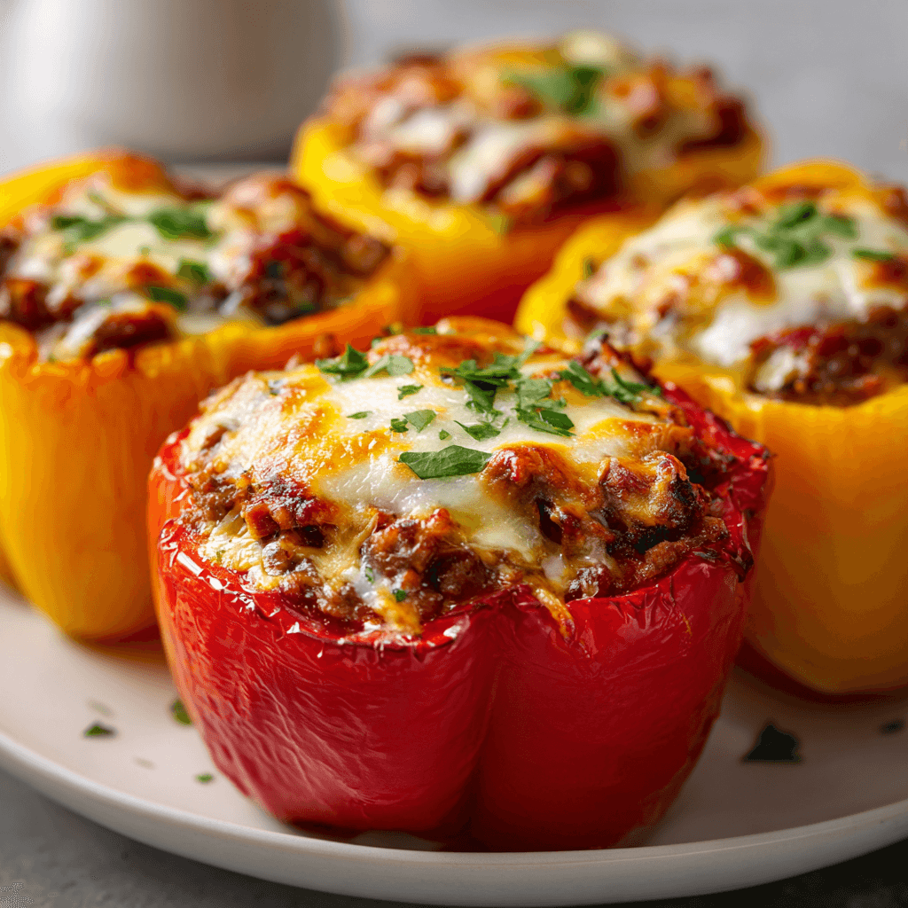 Easy Stuffed Bell Peppers with melty cheese and hearty filling on a white plate.