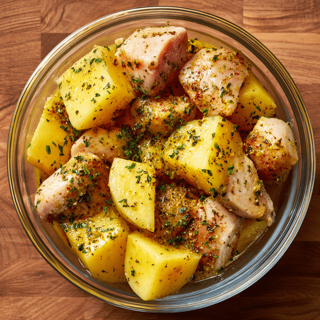 Chicken and potatoes coated in honey mustard before roasting