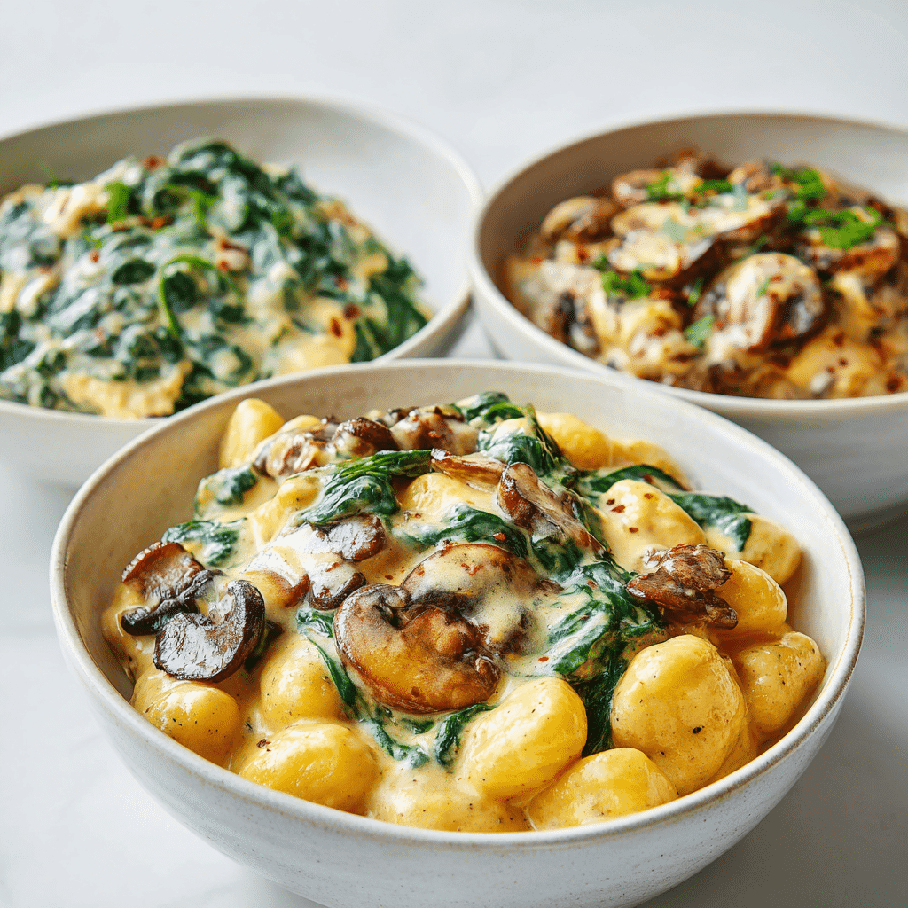 Three variations of creamy butternut squash gnocchi with sausage.