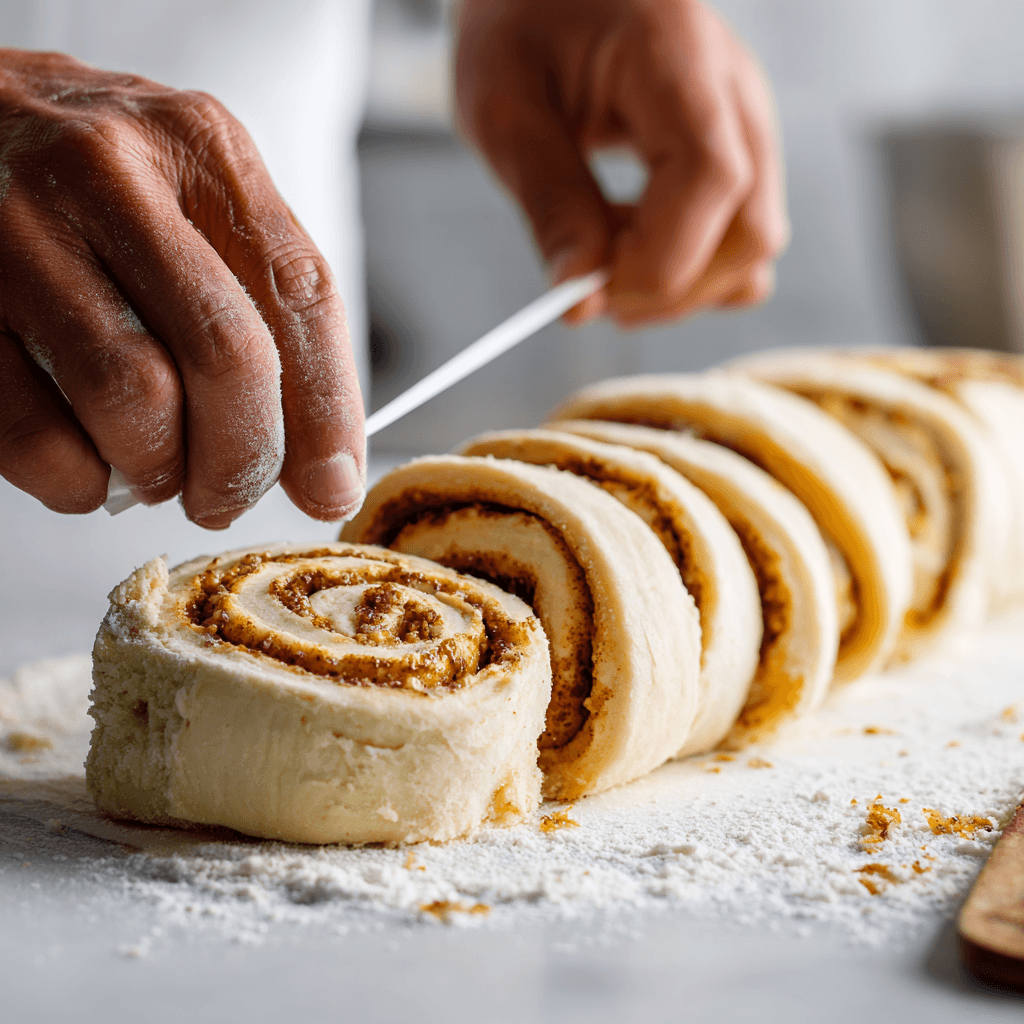 Rolling and slicing pumpkin cinnamon rolls