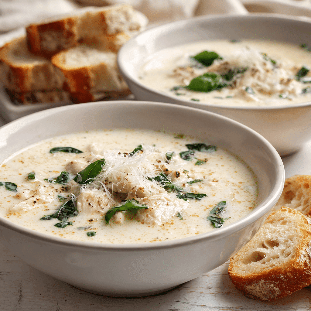 Two bowls of creamy chicken soup topped with basil and Parmesan, served with crusty bread on a bright white kitchen table.