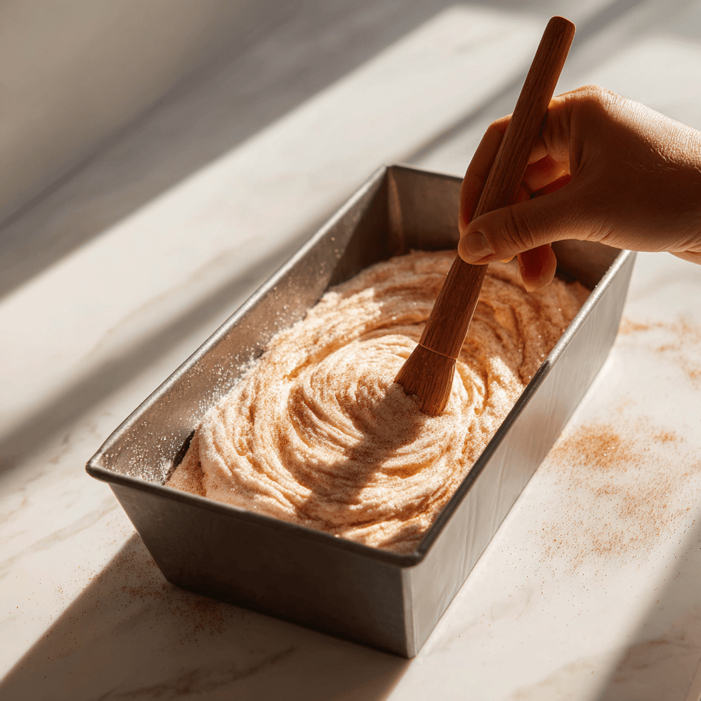 swirling cinnamon sugar in apple cinnamon bread batter