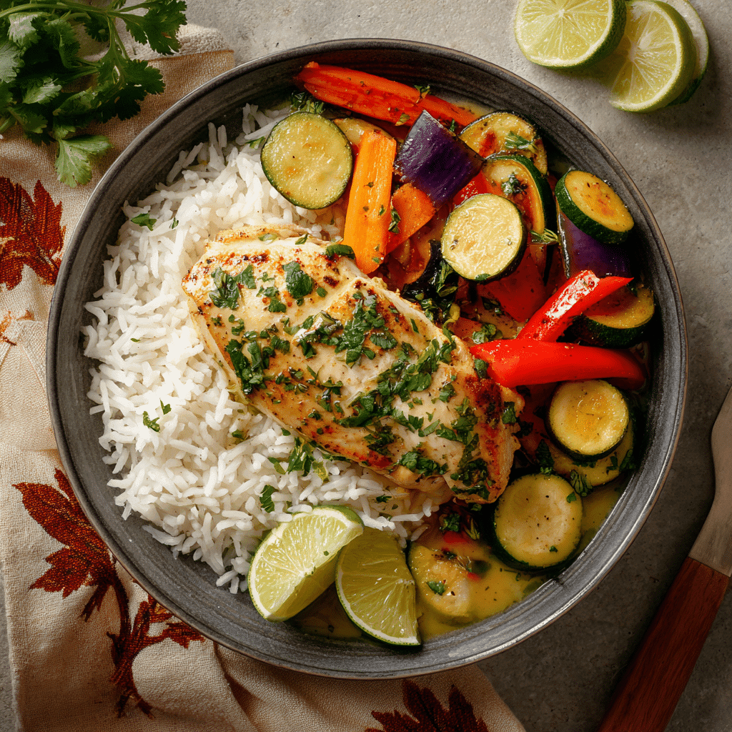 Plated coconut lime chicken with rice, roasted vegetables, and lime wedges