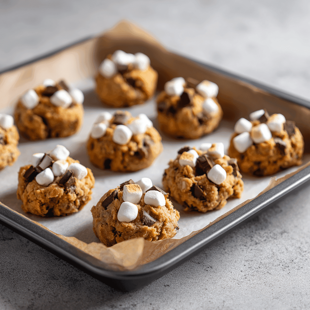 Pumpkin s’mores cookie dough on baking tray
