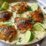 Close-up of creamy coconut lime chicken in a skillet with cilantro and lime wedges