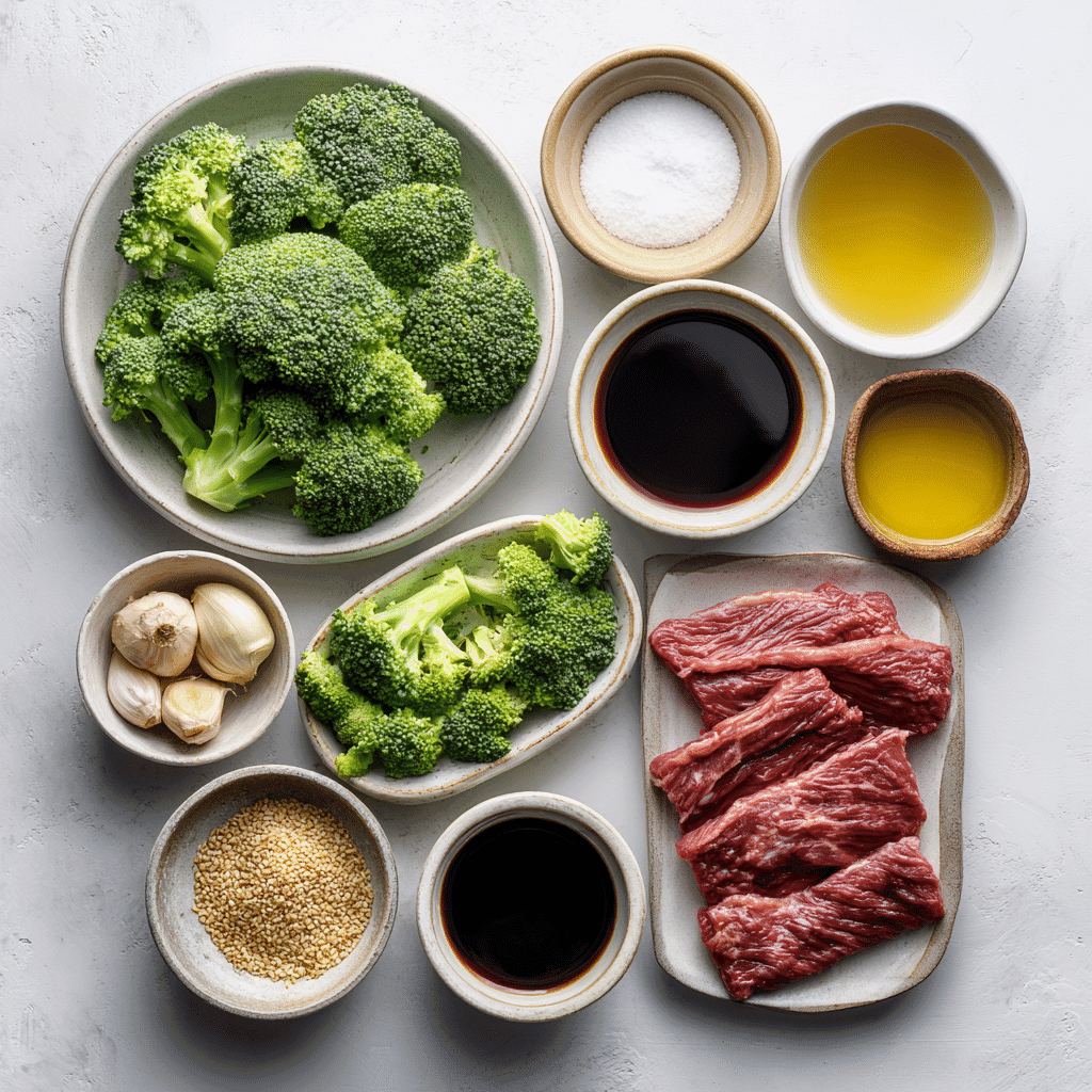 Fresh ingredients for Chinese Beef and Broccoli laid out on a kitchen counter