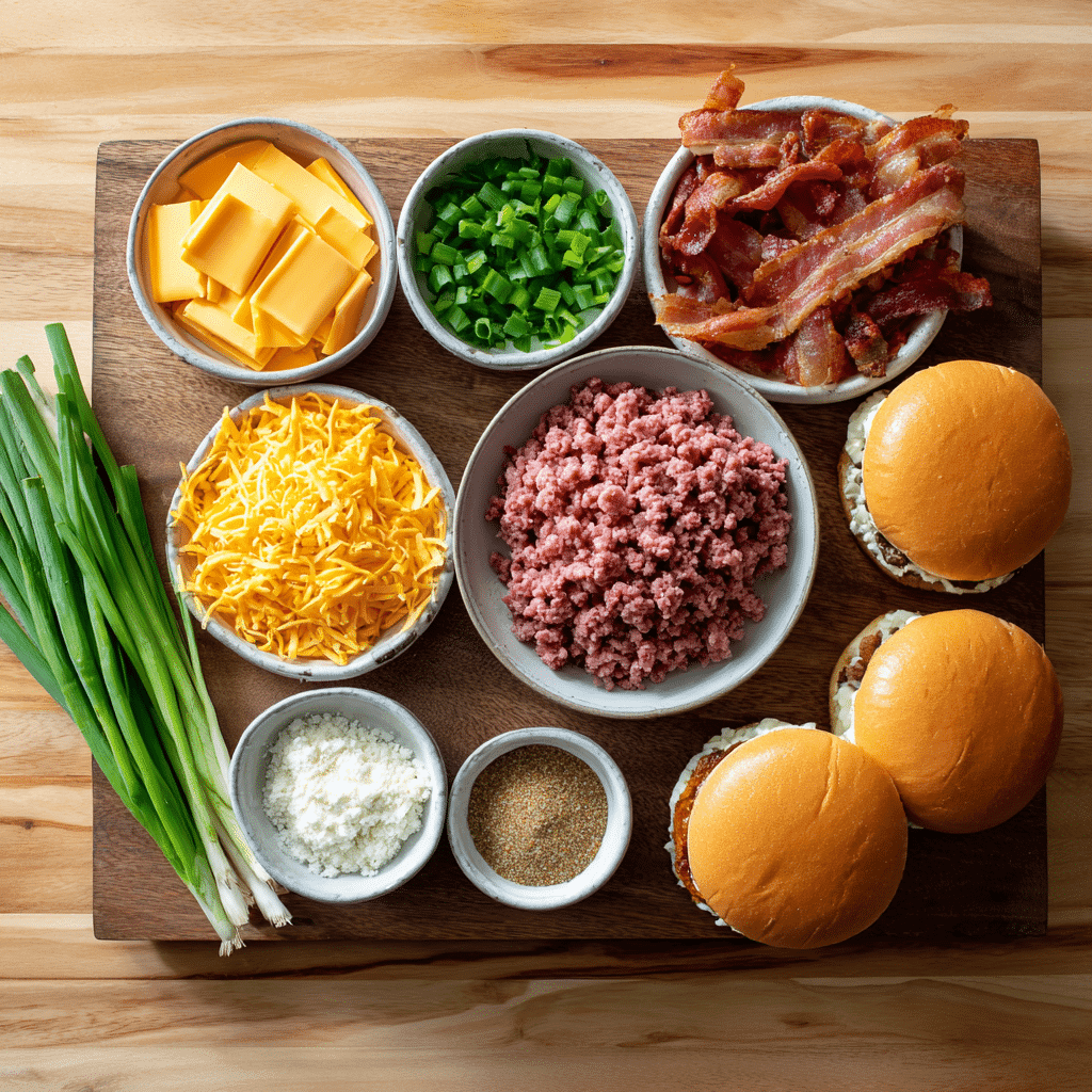 Ingredients for making Crack Burgers on a kitchen counter.