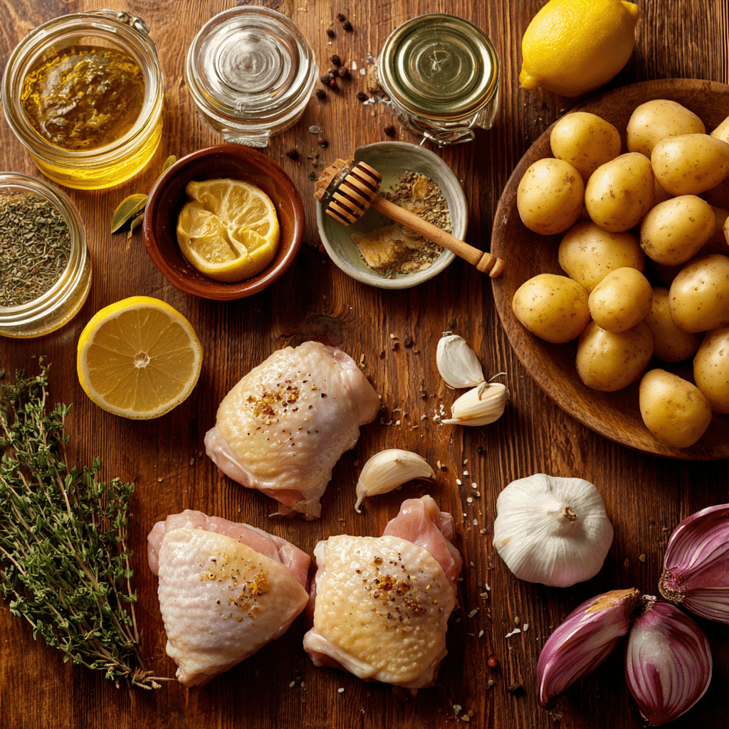 Ingredients for Greek Honey Mustard Roast Chicken and Potatoes