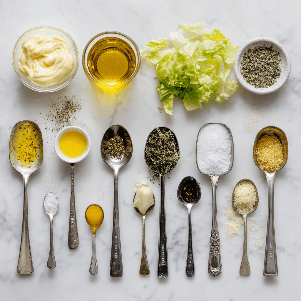 Flat lay of ingredients for Olive Garden Salad Dressing including oil, vinegar, mayo, herbs, and Parmesan.