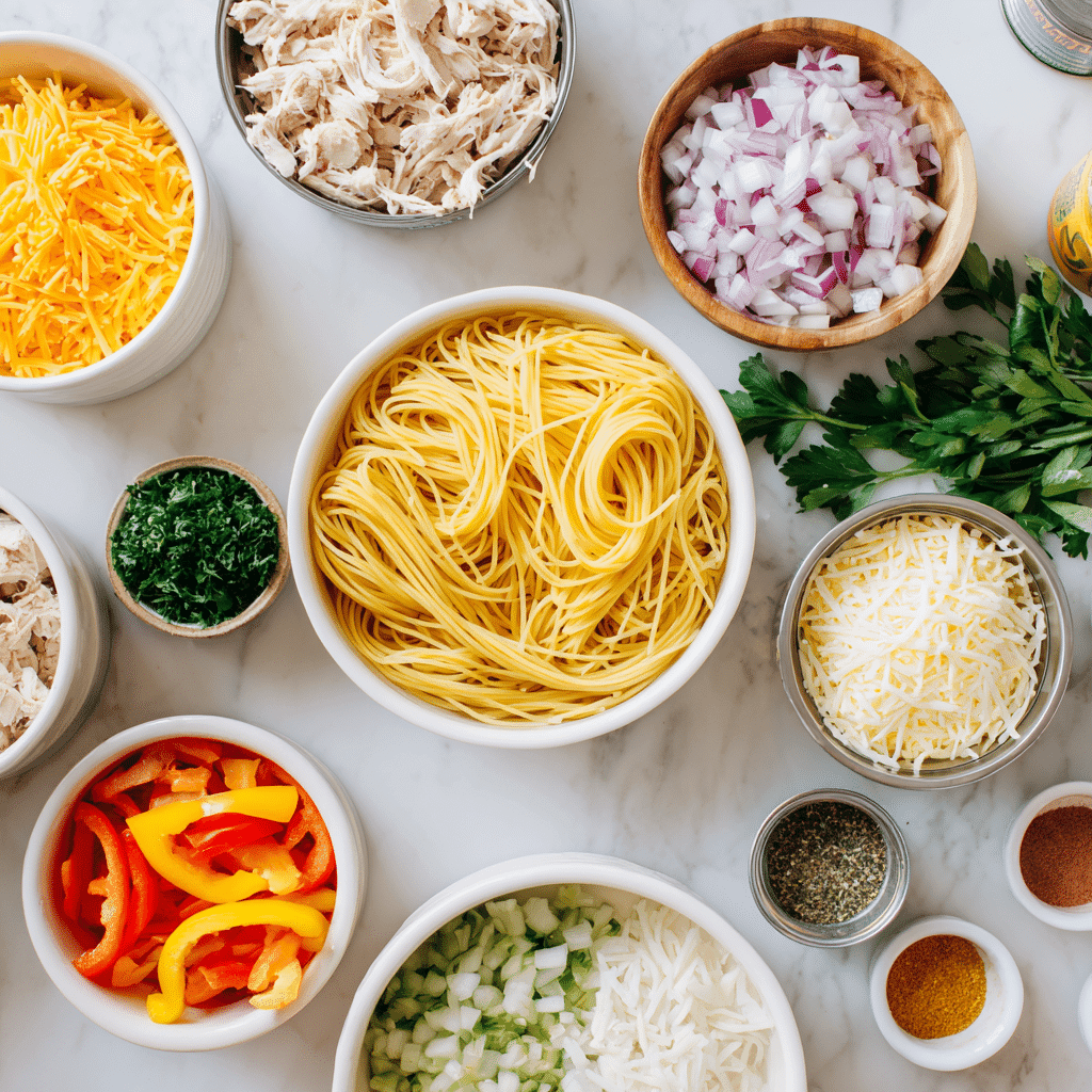 Ingredients for making spicy Southern chicken spaghetti casserole