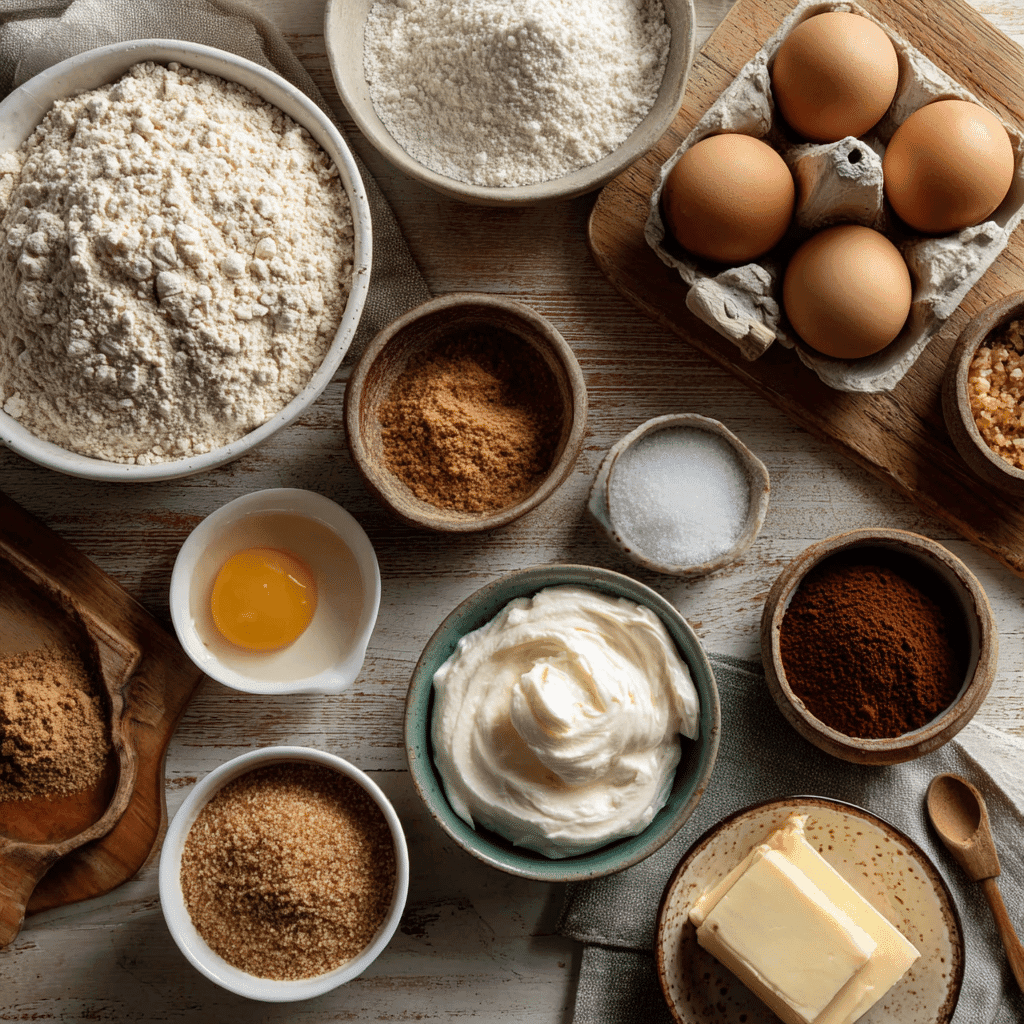 Coffee cake ingredients arranged in bowls on a wooden surface