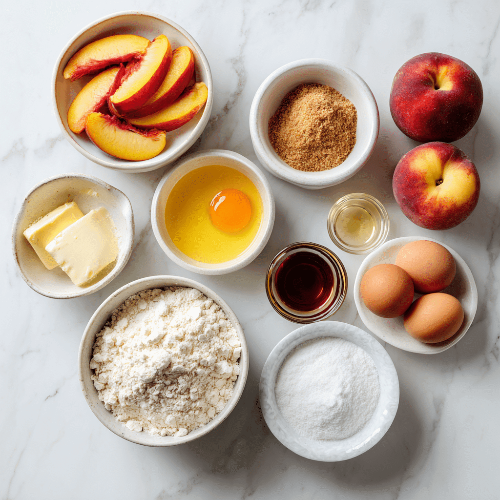 Ingredients for Mini Peach Upside Down Cakes Delight arranged on a countertop.
