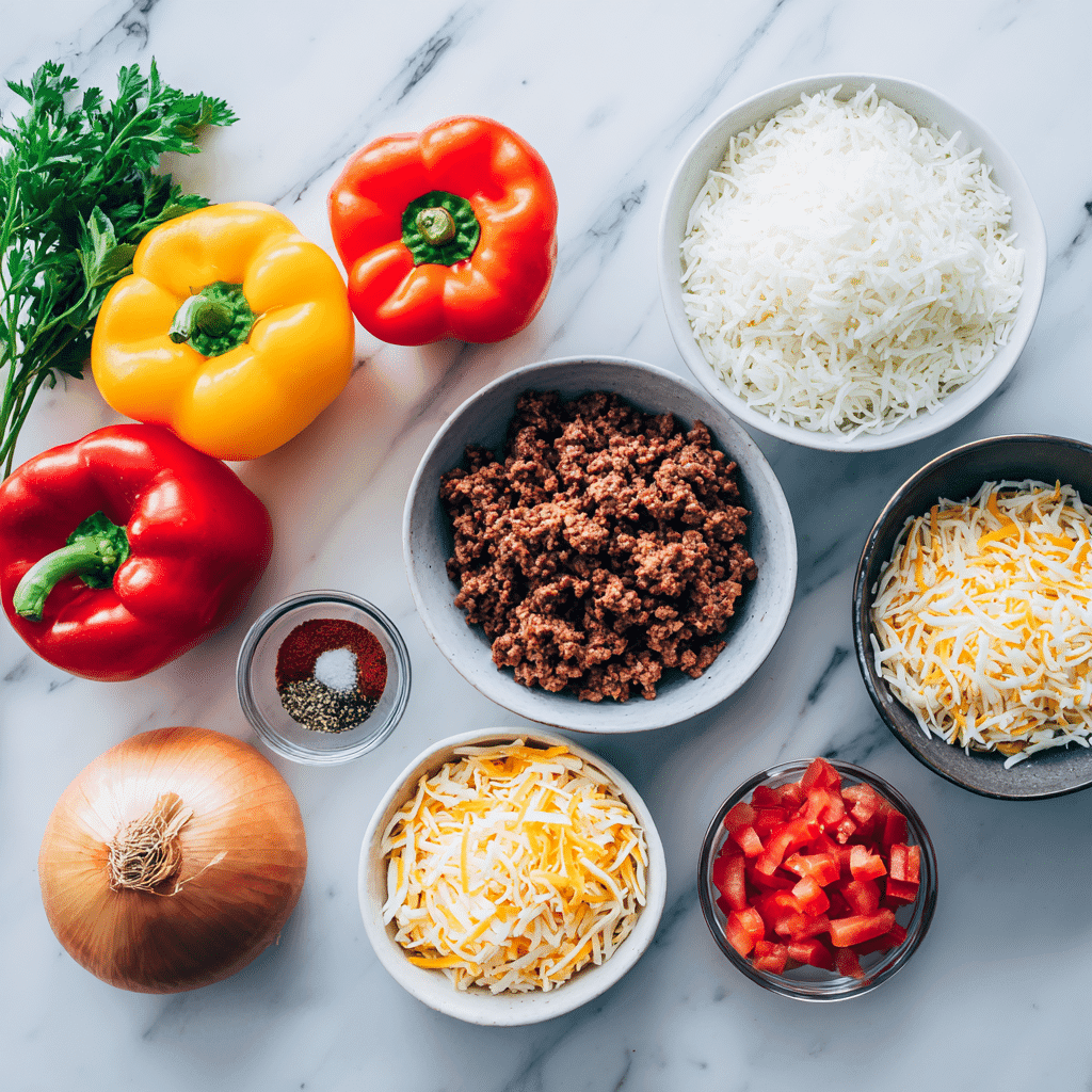 Fresh ingredients for making Easy Stuffed Bell Peppers displayed on a countertop.