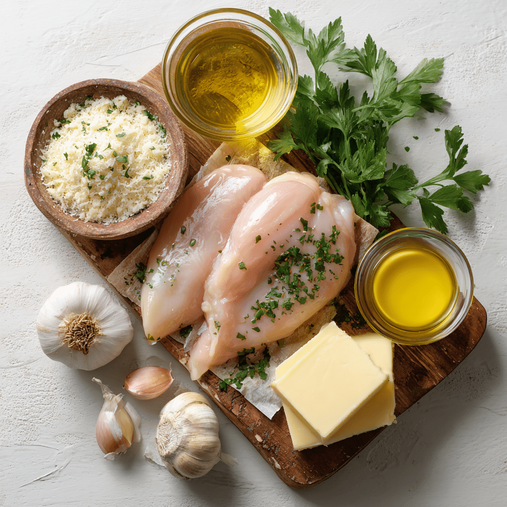Ingredients for Creamy Garlic Chicken on wooden board